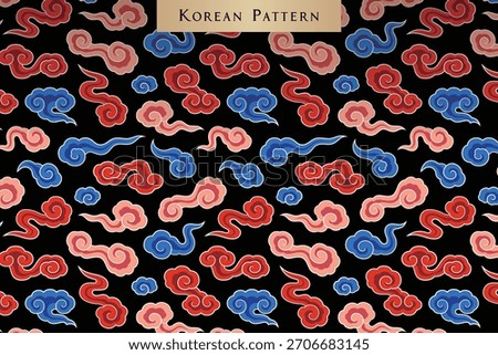 Korean Traditional Cloud Pattern – Red and Blue Asian Ornament Seamless Background, Vintage Oriental Textile Design