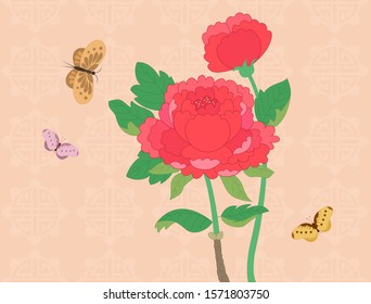 Korean traditional concept vector illustration. Peony flower ans butterfly.