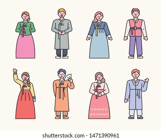 Korean traditional costume characters in various styles. flat design style minimal vector illustration.