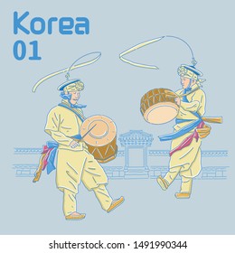 Korean traditional dance performance, vector illustration