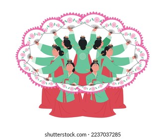 Korean traditional dance. Women wearing hanbok are dancing while making circles with fans.