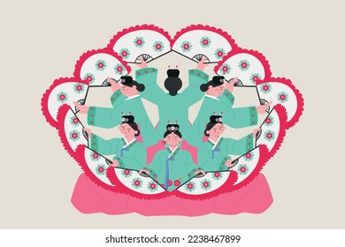 Korean traditional dance. Women wearing hanbok are dancing in a circle with a fan.