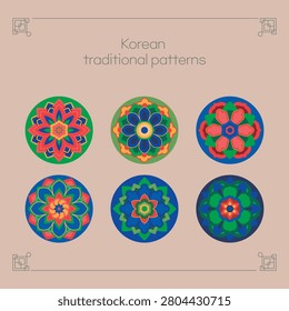 Korean traditional Dancheong pattern set in circular frames, colorful decorative elements inspired by ancient temple roof paintings vector illustration