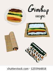 Korean traditional dish gimbap. Korean sushi. Gimbap recipe. Vector hand drawn illustration.