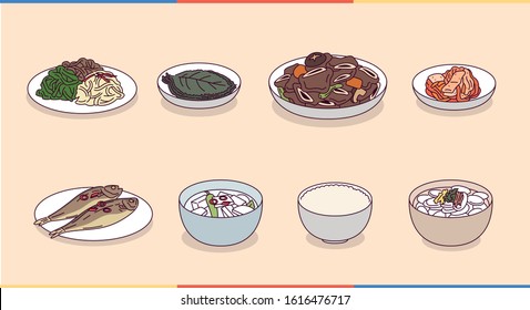 Korean traditional everyday food menu. hand drawn style vector design illustrations. 