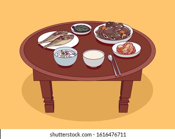 Korean traditional everyday food is served on Korean traditional table. hand drawn style vector design illustrations. 