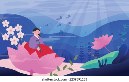 Korean traditional fairy tale  A girl is sitting large lotus flower in the sea 