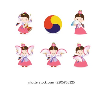 Baile tradicional coreano de fans y actuación de danza Janggu, juego de diseño de personaje de chica en hanbok