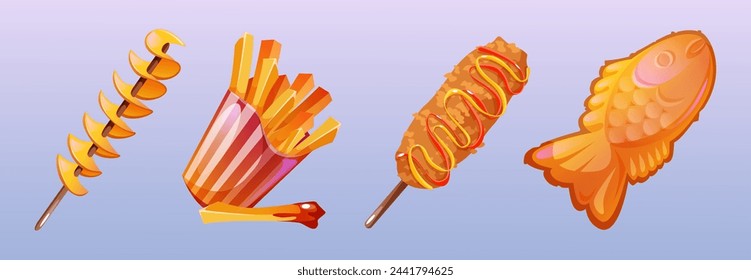 Aperitivos de comida rápida tradicionales coreanos para llevar. Ilustración vectorial de dibujos animados de la colección de comidas de comida callejera - papa tornado y perrito caliente en palos, patatas fritas en paquete de cartón, pang bungeo. Comida oriental.