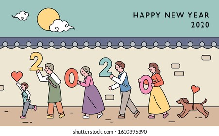 Korean traditional fence background. Families dressed in traditional Korean costumes are walking with 2020 numbers. hand drawn style vector design illustrations. 