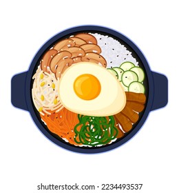 Koreanisches traditionelles Lebensmittel-Bibimbap. asiatische Küche mit Draufsicht im Cartoon-Stil. Farbige Vektorgrafik einzeln auf weißem Hintergrund.