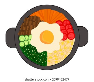 Korean traditional food bibimbap or or bi bim bop.Korea concept.Clip art for restaurants, menus, or recipes.Hand drawn or doodle.Sign, symbol, icon or logo isolated.Cartoon vector illustration.