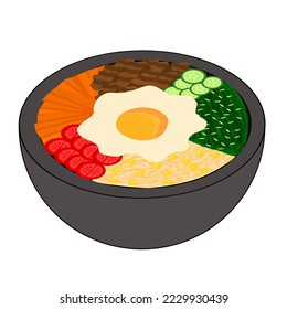 Korean traditional food bibimbap or or bi bim bop.Korea concept.Clip art for restaurants, menus, or recipes.Hand drawn or doodle.Sign, symbol, icon or logo isolated.Cartoon vector illustration.