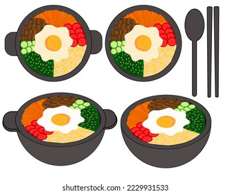 Korean traditional food bibimbap or or bi bim bop.Korea.Restaurants, menus, or recipes.Front, top and side view.Hand drawn or doodle.Sign, symbol, icon or logo isolated.Cartoon vector illustration.