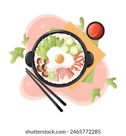 Koreanisches traditionelles Essen bibimbap, mit verschiedenen Zutaten und rote Sauce in einer schwarzen Schüssel. Vektorillustration.