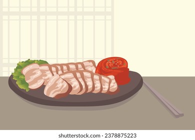 Korean traditional food boiled pork, bossam vector illustration