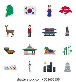 Korean traditional food clothing landmarks and national cultural symbols flat icons collection abstract isolated vector illustration