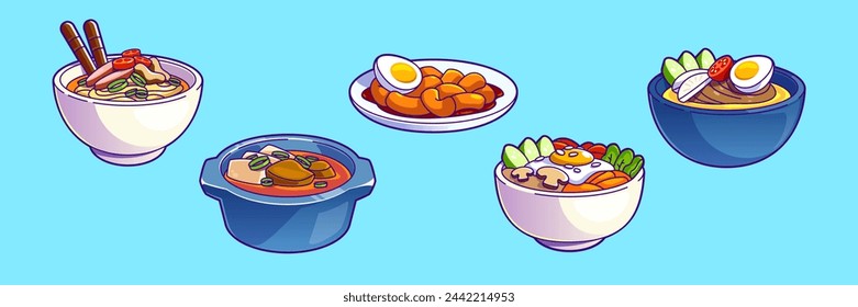 Korean traditional food collection. Cartoon vector illustration set of dinner meal in bowl and with chopsticks. Oriental cooked eating of soup and noodle, meat and eggs, vegetables and spice on plates