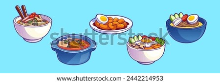 Korean traditional food collection. Cartoon vector illustration set of dinner meal in bowl and with chopsticks. Oriental cooked eating of soup and noodle, meat and eggs, vegetables and spice on plates