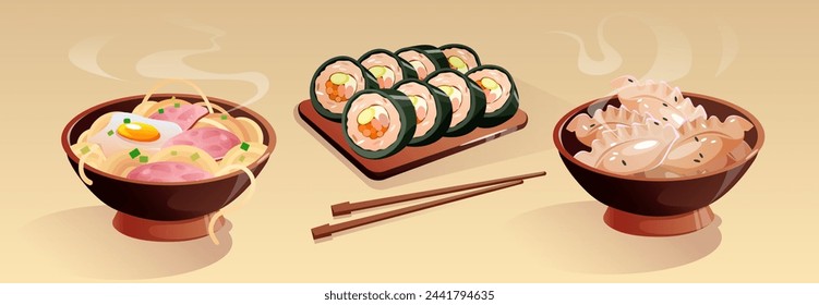 Colección de comida tradicional coreana para cenar en el restaurante. Comida oriental en tazón y plato con palillos - fideos con huevo y carne, gyoza caliente y kimbap. Comer caricaturas con verduras y especias