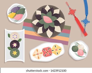 Korean traditional food illustration, various rice cake in plate. Vector EPS10