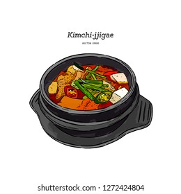 korean traditional food kimchi stew, kimchi jjigae, hand draw sketch vector.