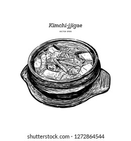 korean traditional food kimchi stew, kimchi jjigae, hand draw sketch vector.