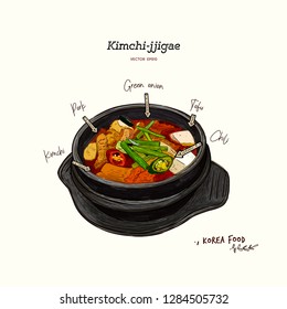 korean traditional food kimchi stew, kimchi jjigae, hand draw sketch vector.