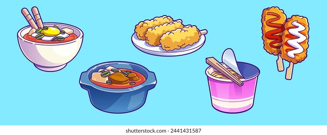 Korean traditional food set isolated on blue background. Vector cartoon illustration of asian dishes with spicy meat, eggs, vegetables and noodles in bowl and cardboard box, restaurant menu icons