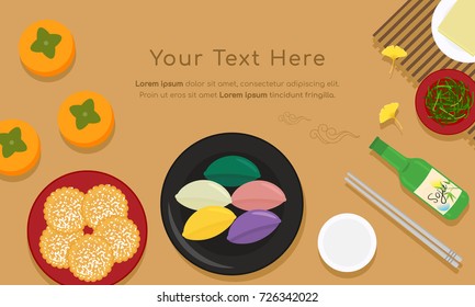 Korean traditional food for Thanksgiving Day(Chuseok or Hangawi), Set of Persimmons, songpyeon(rice cake), side dishes and soju bottle. vector illustration.
