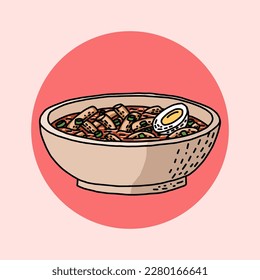 Korean traditional food - tteokbokki rice cake with delicious egg and spicy sauce in hand drawn style