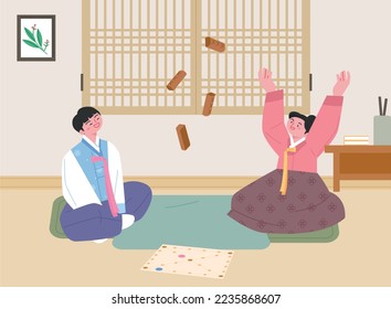 Korean traditional game. Two men and women wearing hanbok are playing Yutnori in their room. flat vector illustration.