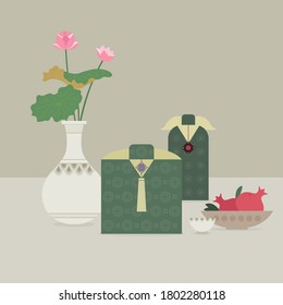 Korean traditional gift box and lotus flower vector illustration.