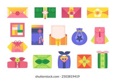 Korean traditional gifts. Collection of Chinese lucky bags. Boxes with presents and surprises to celebrate holiday of Asian oriental culture. Flat vector illustration set isolated on white background