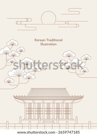 Korean Traditional Hanok and Pine Tree Palace Landscape Illustration