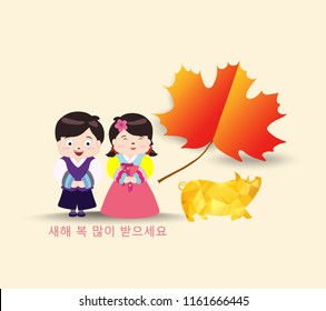 Korean Traditional Happy New Year Day. Korean characters mean Happy New Year, Childrens greet
