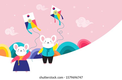 Korean Traditional Happy New Year Day, year of rat. Cute mouses with kites in korean traditional dress.