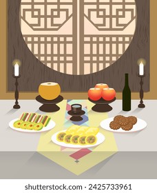 Korean traditional holiday ancestral rite table and food