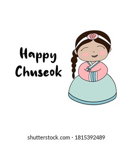 Korean traditional holiday Chuseok. Postcard with calligraphic text Happy Thanksgiving. The culture of South Korea. Rich Autumn harvest celebration. Girl in hanbok. Vector illustration.