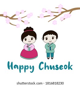 Korean traditional holiday Chuseok. Postcard with calligraphic text Happy Thanksgiving. The culture of South Korea. Rich Autumn harvest celebration. Boy and girl in hanbok. Vector illustration.