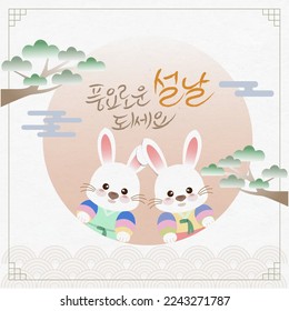 korean traditional holiday greeting card designed with rabbit characters.Translated into korean, have a prosperous New Year's day, and it's pronounced 'pung-yoloun seolnaldoeseyo'