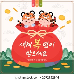 Korean traditional holiday Seollal, Year of the Tiger commemorative banner illustration. Korean translation: Happy New Year. I wish you a happy day. Chinese translation: Year of the Tiger