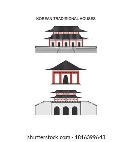 Korean traditional house. Gyeongbokgung Palace. Frame with traditional Korean style architecture building. Famous asian landmark. Seoul, South Korea, Asia. Vector illustration