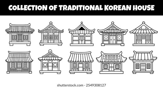 Conjunto de ilustração de vetor de contorno de casa tradicional coreana
