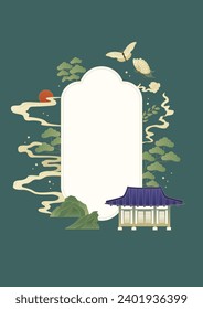 Korean traditional house and pine tree illustration.