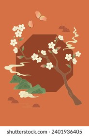 Ilustración tradicional coreana con flores y mariposas.