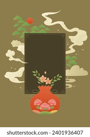 Korean traditional illustration with lucky pocket and plants.