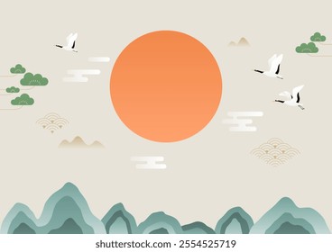 Korean traditional illustration with orange sun and mountains.