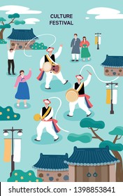 Korean Traditional Illustration. Poster template for outdoor festival. Flat cartoon colorful vector illustration.