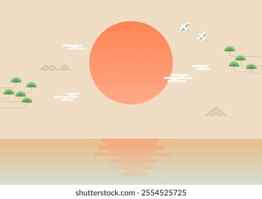 Korean traditional illustration of the sun rising over the sea